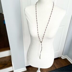 Beaded long lariat rosary necklace with silver tone crucifix pendant